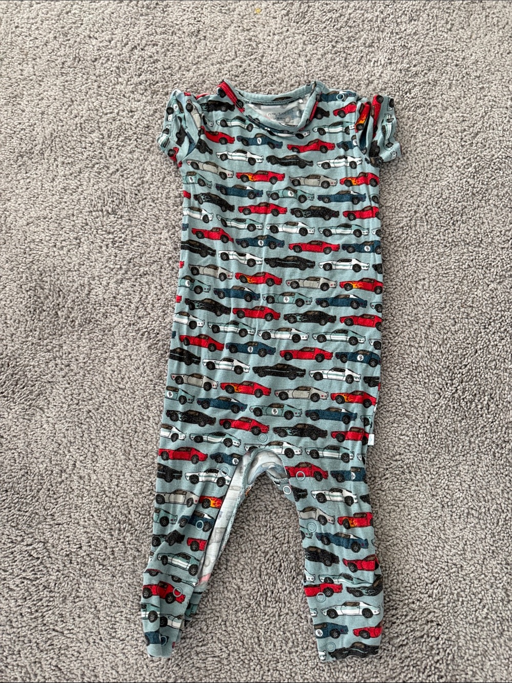 Posh Peanut Light Blue Toddler Car Print Footed Romper